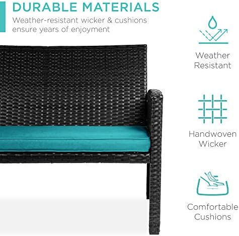Best Choice Products 4-Piece Outdoor Wicker Patio Conversation Furniture Set for Backyard w/Coffee Table, Seat Cushions - Black/Teal - Image 3