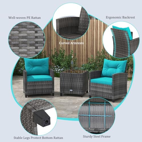 KOTEK 3 Piece Patio Furniture Set, Outdoor PE Rattan Conversation Set with Washable Cushions & Tempered Glass Tabletop, Wicker Chairs and Table Set for Porch, Garden, Balcony (Turquoise) - Image 3