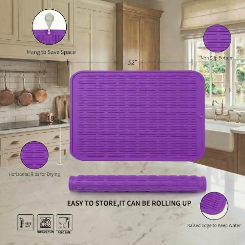MicoYang Silicone Dish Drying Mat for Multiple Usage,Easy clean,Eco-friendly,Heat-resistant Silicone Mat for Kitchen Counter or Sink,Refrigerator or Drawer Liner Purple 4XL 32 inches x 18 inches - Image 2