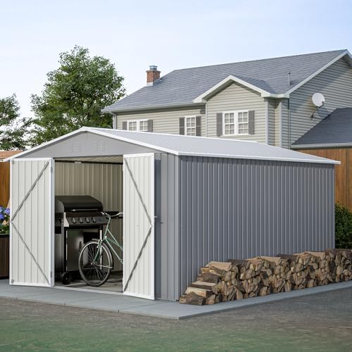 YOPTO 10x12 FT Outdoor Storage Shed with Floor Frame Kit,Metal Shed W/Double Lockable Doors,Garden Tool Storage House W/ 4 Air Vents & Sloped Roof,for Backyard,Patio,Lawn,Gray by YOPTO