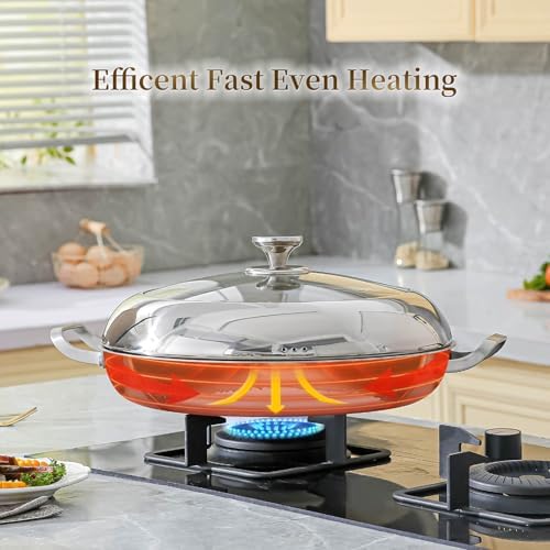DELARLO Paella Pan With Lid 14 Inch Tri-Ply Large Stainless Steel Nonstick Frying Pan,Induction Skillets,Fast Heating Cookware,Indoors Outdoors,paelleras para 12 personas Jumbo Cooker - Image 2