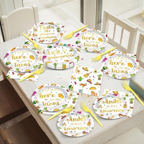 96 Pcs Mexican Fiesta Paper Plates and Napkins Taco Fiesta Party Supplies Mexican Themed De Mayo Dessert Tableware Set Dia De Los Muertos Colorful Themed Party Favors Baby Shower - Image 5
