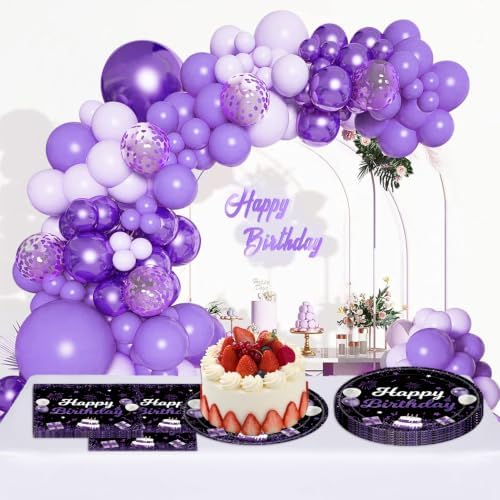 40Pcs Purple Glitter Black Happy Birthday Decorations Black and Purple Plates and Napkins Elegant Purple Black Birthday Supplies for Women Adult Milestone Birthday Party,Suitable for 20 Guests - Image 5
