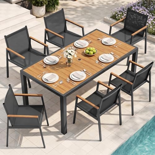 Outdoor Dining Table, Aluminum Patio Table Set, All Weather Patio Dining Furniture Set with Umbrella Hole for Backyard, Deck, Poolside (Gray-Teak) - Image 2