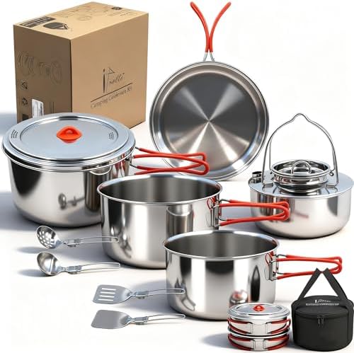 Foldable 18/8 Stainless Steel Camping Cookware 11pcs for 4-8 People by Ipretti
