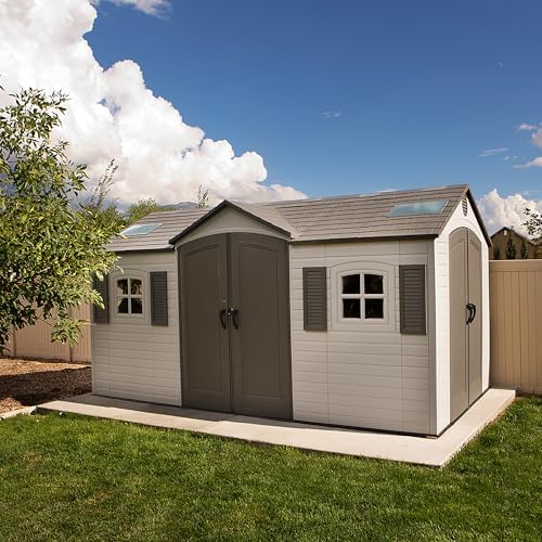 Lifetime 15×8 Ft Dual‑Entry Outdoor Storage Shed, Steel‑Reinforced, UV‑Protected, Weather‑Resistant Backyard Garden Shed with Skylights, Windows & Shelving, Desert Sand - Image 2