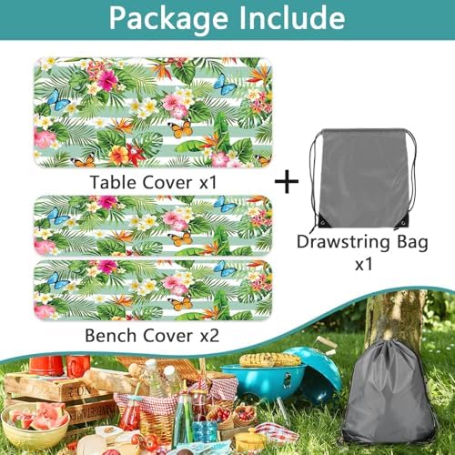 Picnic Table Cover with Bench Covers, Camping Essentials Hawaiian Luau Tropical Palm Leaves Flower Butterfly Waterproof Windproof Fitted Tablecloth Cover with Elastic Edge for Outdoor 3 PCS 30x60 Inch - Image 6