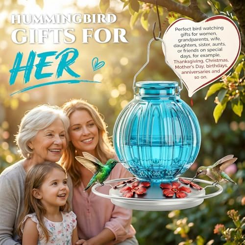 2 Pack Glass Hummingbird Feeder for Outdoors Hanging, Bird Nectar Feeder with Perch & 5 Flower Feeding Ports, 26 Oz Leak Proof for Outside Garden Decor Backyard, Gifts for Women Mom, Red + Blue - Image 7