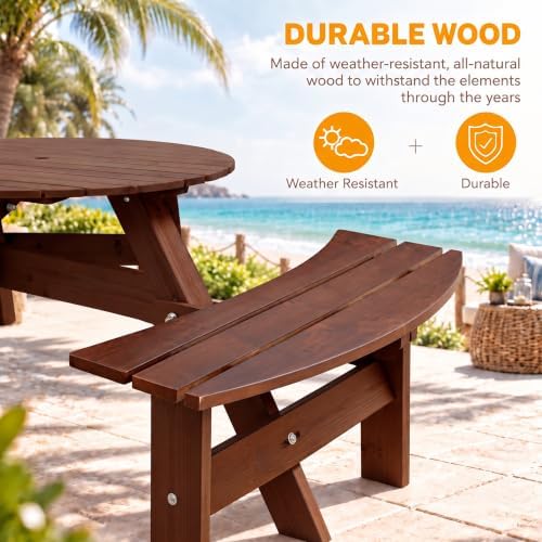 6 Person Wooden Picnic Table, Outdoor Round Picnic Table with 4 Built-in Benches, Umbrella Hole, Outside Table and Bench Set for Patio, Backyard, 500lbs Capacity Per Bench (Brown - 6 Person) - Image 3