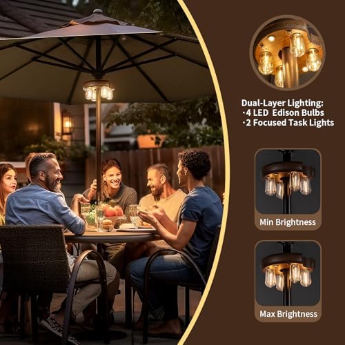 Dark Wood Grain Patio Umbrella Light with Remote Control, Rechargeable Cordless LED Edison Bulbs Pole Light with 10 Brightness Levels for Garden, Patio, Backyard, Camping or BBQ (1 Pack) - Image 5
