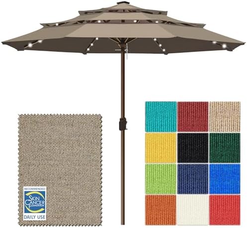 EliteShade USA 10-Year-Non-Fading 10ft 3-Tier Market Patio Umbrella, Commercial Table Umbrella with 80 Solar LED Lights, Crank Open, Windproof & UPF 50+ UV Protection for Garden, Deck, Pool, Backyard, No Tilt, Mushroom by EliteShade