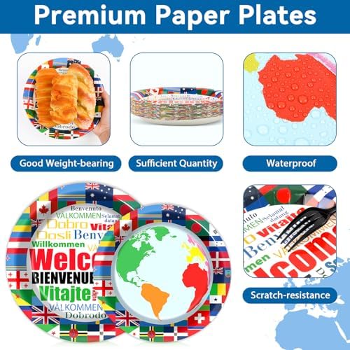 International Flags Welcome Party Plates Napkins Forks World Flags Tableware Around the World Globe Dinnerware Travel Trip Supply for Sports Events Club Classroom Birthday Parties Decoration Serve 24 - Image 3