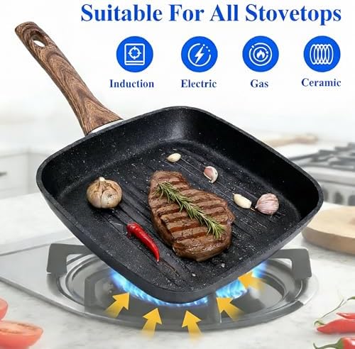 Simple Deluxe 3 Pieces Nonstick Grill Pan Set, Square Versatile Griddle Pans with Wooden Handle, Durable Skillet Indoor & Outdoor Use, All Stovetops Compatible(9.5", 10.2", 11"), PFOA Free, Black - Image 2