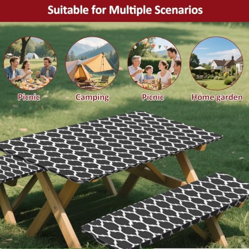 7ft 84in Picnic Table and Bench Cover, 3 Pack, Black-White Moroccan - Image 7
