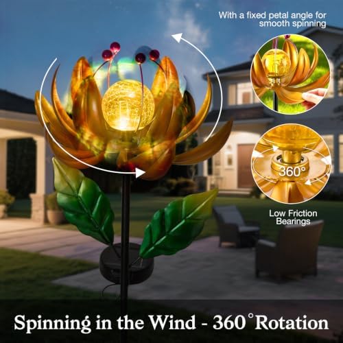 Garden Decor for Outside Solar Wind Spinners for Yard-Metal Lotus Flower Windmills LED Crackle Glass Globe Outdoor Garden Decor Yard Art Lawn Ornament - Image 4
