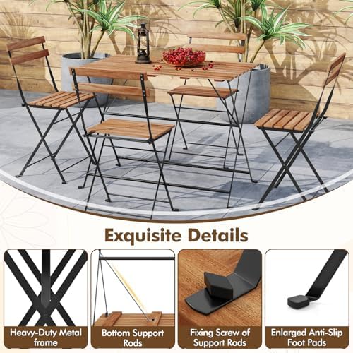 GIANTEX 5-Piece Outdoor Dining Table Set for 4, Acacia Wood Bistro Table with 4 Folding Patio Chairs, Slatted Seat & Tabletop, Metal Frame, for Yard Porch Garden Poolside (Black + Brown) - Image 6