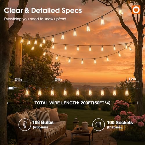 addlon 200FT(50*4) Outdoor String Lights with Remote LED Edison Waterproof - Image 5