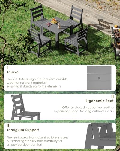 GREENVINES 5PCS Patio Dining Set, HDPE Square Table & 4 Side Chairs, Gray - Image 5