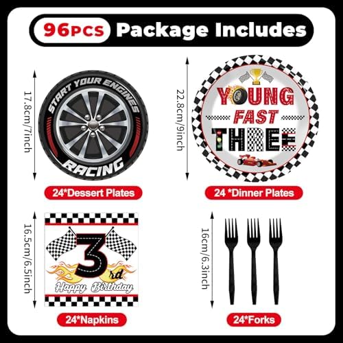 96PCS Race Car Themed 3rd Party Paper Plates and Napkins and Forks Set Young Fast Three Party Tableware Racing Checkered Flag Disposable Dinnerware for Kids Birthday Gatherings Decorations - Image 2
