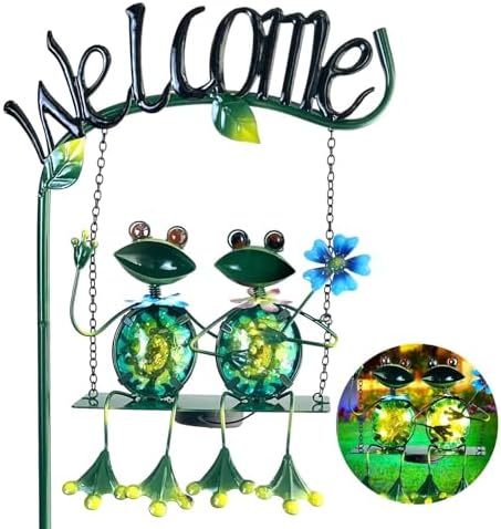 HONGLAND Solar Lights Outdoor Waterproof, Frog Swing Garden Decor, Frog Decorative Stake with Welcome Sign Landscape Patio Yard Gifts for Women Mom (48 inch) by HONGLAND