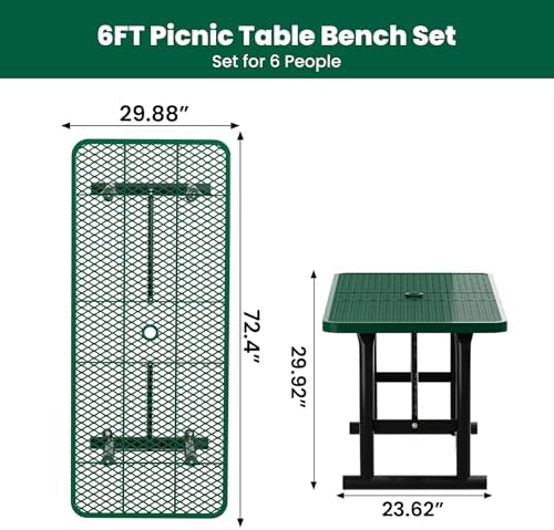 6FT Metal Picnic Tables for Outdoors, Commercial Rectangular Picnic Table for Outside, Park, Campfield, Patio, Garden, Yard, Thermoplastic Coating, Surface Mounted, Green - Image 3