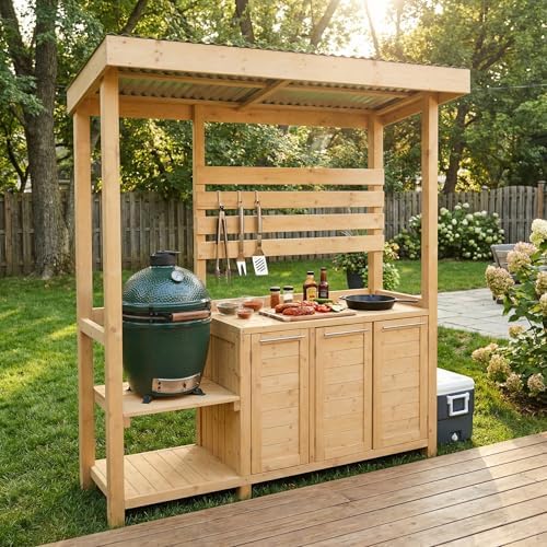 ECACAD Outdoor Kitchen Island with Canopy & Trash Can Cabinet, 6.7FT Cedar Wood Grill Bar Counter Table with Storage Cabinet & Shelves, Grill Pavilion for Patio Kitchen, Backyard, Garden, Natural - Image 3