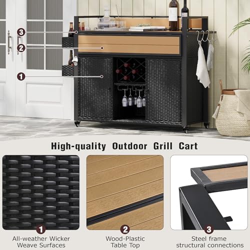 LUMISOL Outdoor Storage Cabinet with Extended Table Top, Outdoor Grill Cart with Storage Cabinet, 52.8" W Kitchen Island on Wheels for Backyard Garden, Double Handle, Black - Image 3