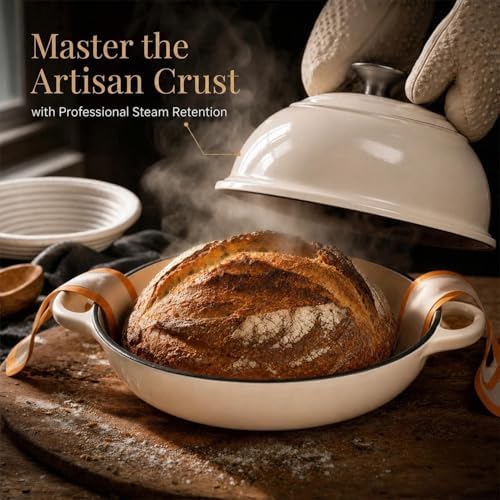 AHJ 6QT Dutch Oven For Bread Baking, Enameled Cast Iron Dutch Oven Pot with Lid, Multi-Functional Bread pan, Sourdough Baking Supplies with Proofing Basket, Cast Iron Bread Oven, Silicone Sling & Gloves. - Image 2