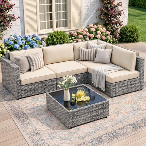 JAMFLY 5-Piece All-Season Wicker Patio Sofa Set with Thick Cushions & Coffee Table, Modular Indoor Outdoor Furniture for Poolside, Garden, Sunroom & Porch, Khaki by JAMFLY