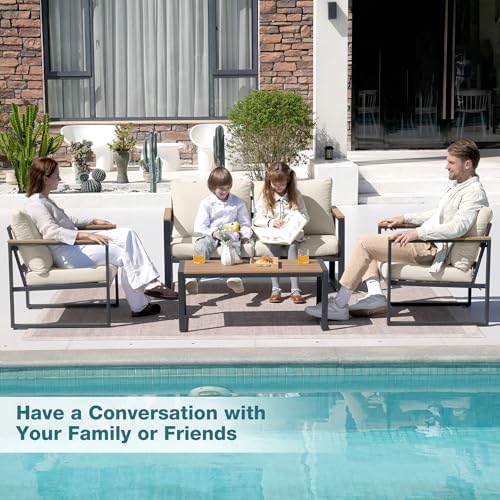 4 Pieces Metal Patio Furniture Set for Outdoor Balcony, Beige - Image 3