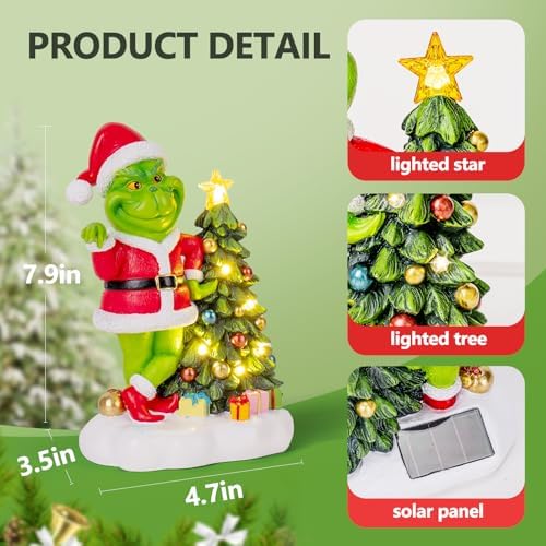YDKOJGW Green Monster Solar Garden Statue with Christmas Tree and 6 LED Lights - Outdoor Figurine - Glossy Resin - Waterproof - Spot Clean - Christmas Decor - Image 4