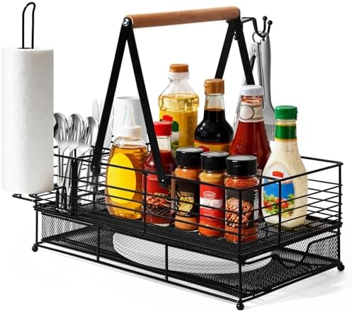 Grill Caddy, BBQ Caddy with Paper Towel Holder, Griddle Organizer, Plate and Utensil Holder Organizer for Outdoor Grill, Picnic, Camping, Condiment Storage for Kitchen Counter by RACOBOT