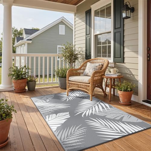 GENIMO Outdoor Rug 3'x5' Waterproof for Porch, Plastic Door Mat Grey White - Image 3