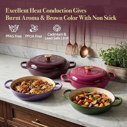 3 Quart Enameled Cast Iron Braiser, Non Stick Enameled Cast Iron Skillet with Lid, Dutch Oven Skillet with lid up to 500°F for Oven, Stove, Grill, Shallow Dutch Oven for Cook, Bake (Fig) - Image 2