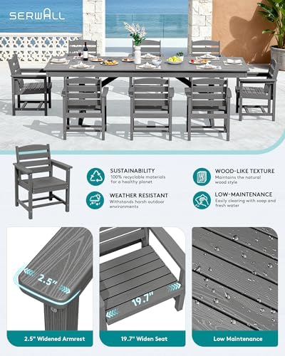 SERWALL 9Pcs 84" HDPE Outdoor Dining Set for 8 with Armchairs,Gray - Image 4