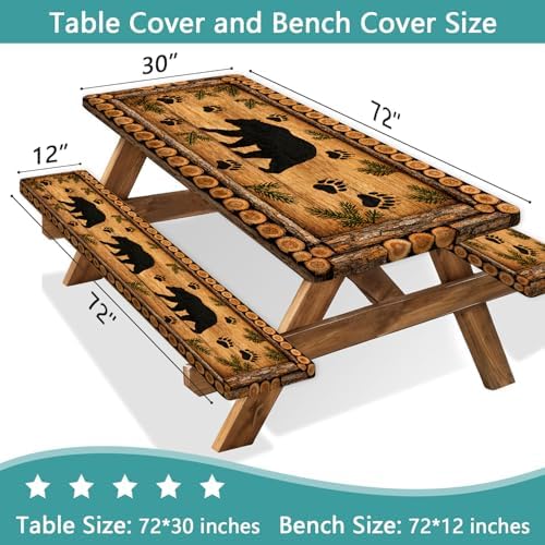 Forest Theme Picnic Table Cover with Bench Covers 6FT, Camping Essentials, Wood Grain Bear Waterproof Windproof Oilproof, Fitted Tablecloth Cover with Elastic Edge for Outdoor Garden 3 PCS 30x72 Inch - Image 2
