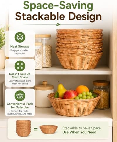 Bread Basket, 8 Pack 9.45 Inch Large Gift Round Food Storage Basket Bin, Bread Container For Serving Wicker Baskets For Kitchen, Restaurant, Christmas Gifts - Image 6