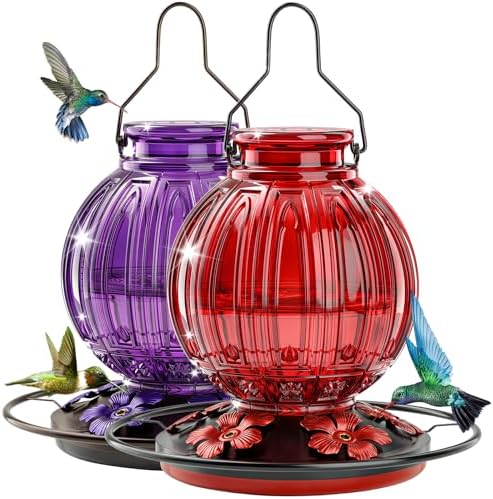 2 Pack Glass Hummingbird Feeder for Outdoors Hanging, Bird Nectar Feeder with Perch & 5 Flower Feeding Ports, 26 Oz Leak Proof for Outside Garden Decor Backyard, Gifts for Women Mom, Red + Purple by GreteGotye