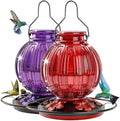 2 Pack Glass Hummingbird Feeder for Outdoors Hanging, Bird Nectar Feeder with Perch & 5 Flower Feeding Ports, 26 Oz Leak Proof for Outside Garden Decor Backyard, Gifts for Women Mom, Red + Purple by GreteGotye