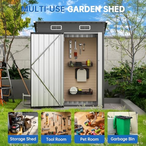 5 x 2.5 FT Lockable Metal Garden Shed, Outdoor Metal Storage Sheds Multi-Used, Vertical Outdoor Steel Storage Sheds, Compact Metal Tool Shed with Sloping Roof - Image 6