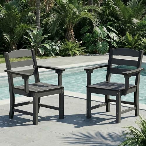 Patio Dining Chairs Set of 2, 350lbs Heavy Duty HDPE Outdoor Chair with Extra-Wide Seat & High-Back, All-Weather Garden Armchair with Integrated Armrests, Wood-Look Seating for Backyard, Deck（ Black） by HOPUBUY