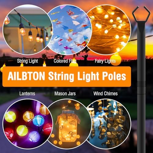 AILBTON 2 Pack 10Ft String Light Poles,Light Poles for Outside String Lights,Outdoor Light Poles with Fork,Metal Pole Stand for Patio,Backyard,Deck - Image 3