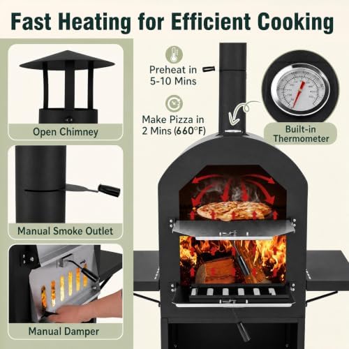 HAPPYGRILL Outdoor Wood Fired Pizza Oven w/Firewood Storage & Side Shelves - Image 4