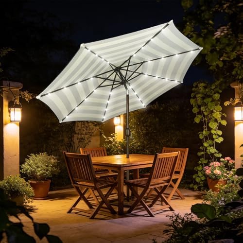 Blissun 9 ft Solar Umbrella, Patio Umbrella with 32 LED Lights, Table Market Umbrella, Outdoor Umbrella for Garden, Deck, Backyard, Black & Beige - Image 6