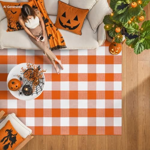 IOHOUZE Fall Buffalo Plaid Outdoor Rug 4x6, Washable, Orange White - Image 3