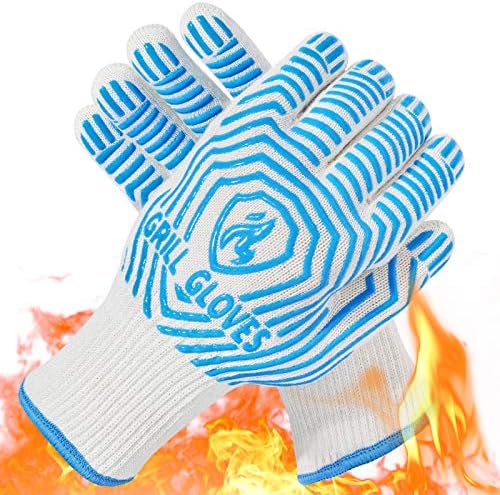 QUWIN BBQ Gloves, Oven Gloves 1472℉ Extreme Heat Resistant, Grilling Gloves Silicone Non-Slip Oven Mitts, Kitchen Gloves for BBQ, Grilling, Cooking, Baking-1 Pair… (Blue, One Size Fits Most) by QUWIN