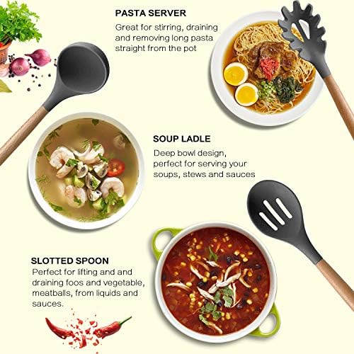 MIBOTE Silicone Cooking Kitchen Utensils Set, 17 Pcs, Wooden Handle, Grey - Image 2