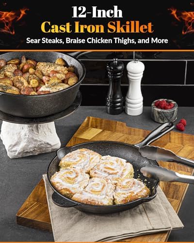 Granitestone 12 Inch Cast Iron Skillets, Pre-Seasoned Cast Iron Pans for Cooking, Nonstick Cast Iron Frying Pan, Cast Iron Skillet for Indoor & Outdoor Use, Cast Iron Pan, Non-Toxic, Oven Safe - Image 2