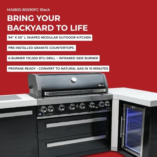 Mont Alpi 94"W x 50"D Black Stainless Steel L-shaped Modular Outdoor Kitchen Island + Infrared Side Burner + Refrigerator + 44"W 6-Burner BBQ Grill + Granite Countertops + Storage Cabinets & Drawers - Image 5