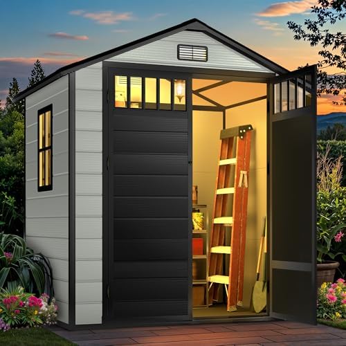 DWVO 6x4.4 FT Resin Storage Shed with Fence-Style and Side Windows, Lockable Door, and Vents for Garden, Backyard, Patio, Lawn, Blue-Gray by DWVO